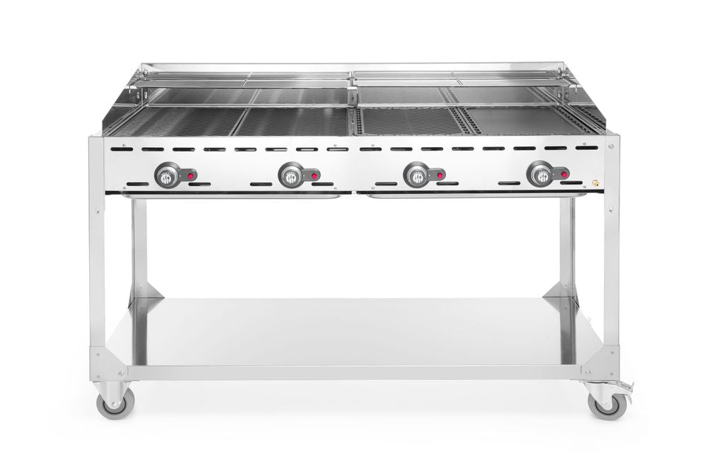 Green Fire barbecue con 4 bruciatori, HENDI, Profi Line, con base su ruote, Grigio chiaro, 22kW, 1400x612x(H)825mm