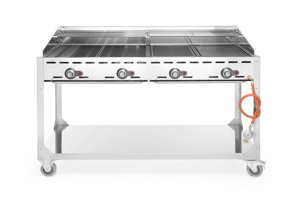 Green Fire barbecue con 4 bruciatori, HENDI, Profi Line, con base su ruote, Grigio chiaro, 22kW, 1400x612x(H)825mm