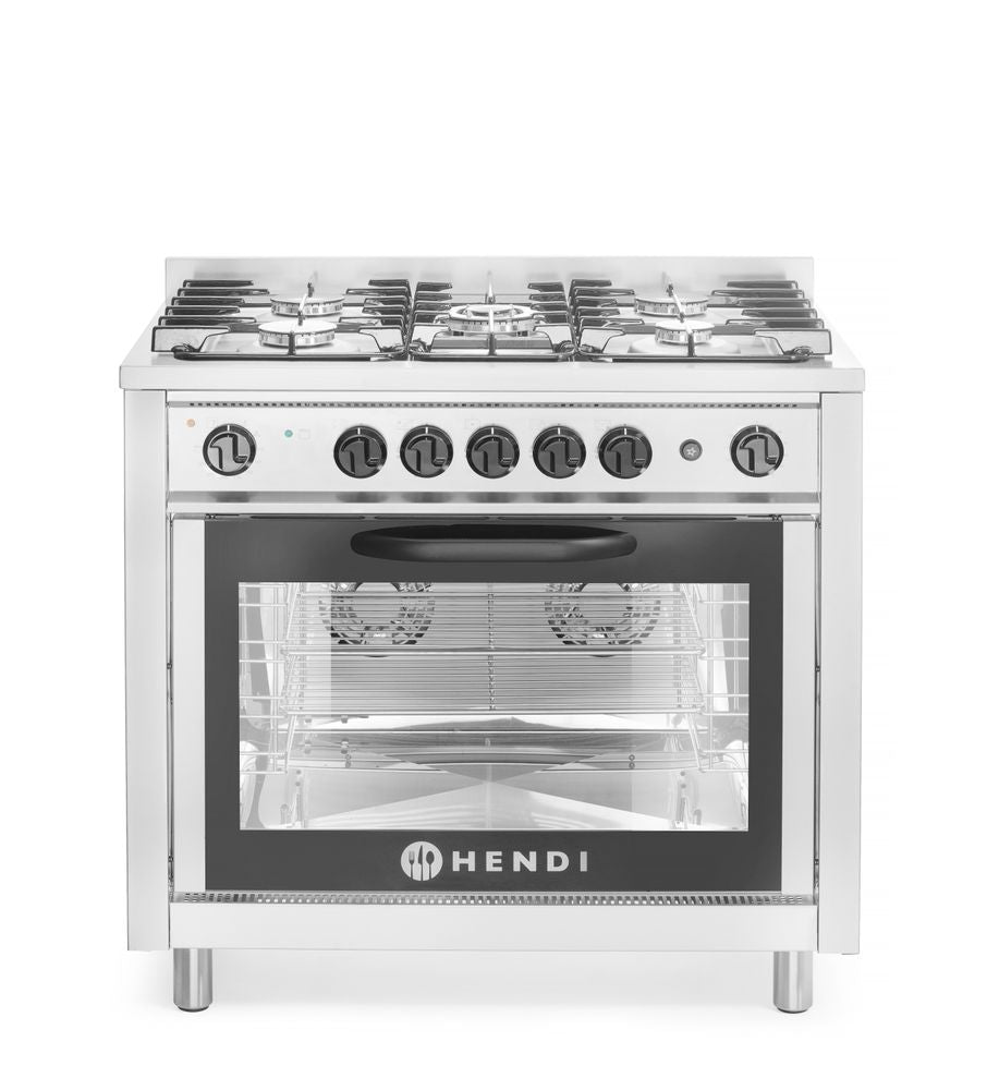 Cucina a gas - 5 bruciatori con forno elettrico, HENDI, Kitchen Line, Argento, 230V/2900W, 14,3kW, 900x653x(H)900mm