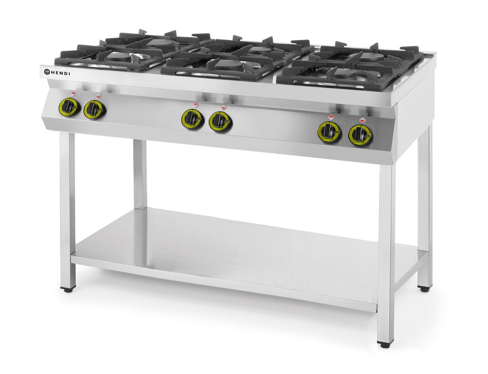 Cucina a gas a 6 fuochi con supporto aperto, HENDI, Kitchen Line, 28,5kW, 1200x700x(H)900mm