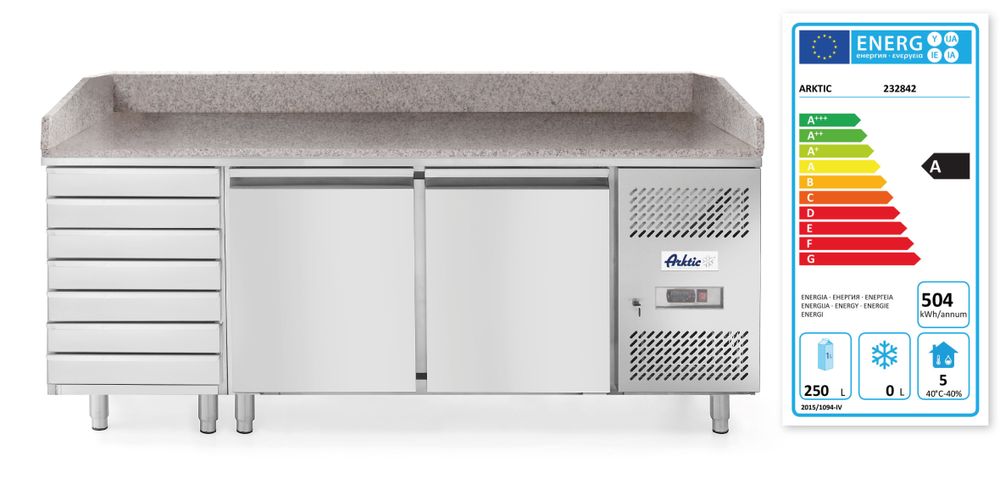 Banco pizza a 2 porte 7 cassetti 280L, Arktic, 250L, 230V/250W, 2020x802x(H)1000mm