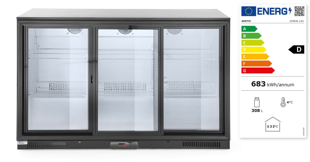 Frigorifero per barra posteriore con porte scorrevoli triple, Arktic, 308L, Nero, 220-240V/160W, 1350x520x(H)865mm