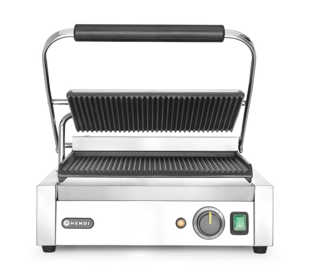 Grill a contatto "Panini", HENDI, sopra e sotto rigata, 230V/2200W, 432x396x(H)214mm