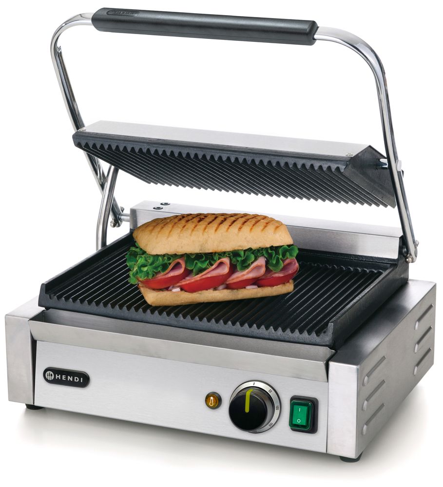 Grill a contatto "Panini", HENDI, sopra e sotto rigata, 230V/2200W, 432x396x(H)214mm
