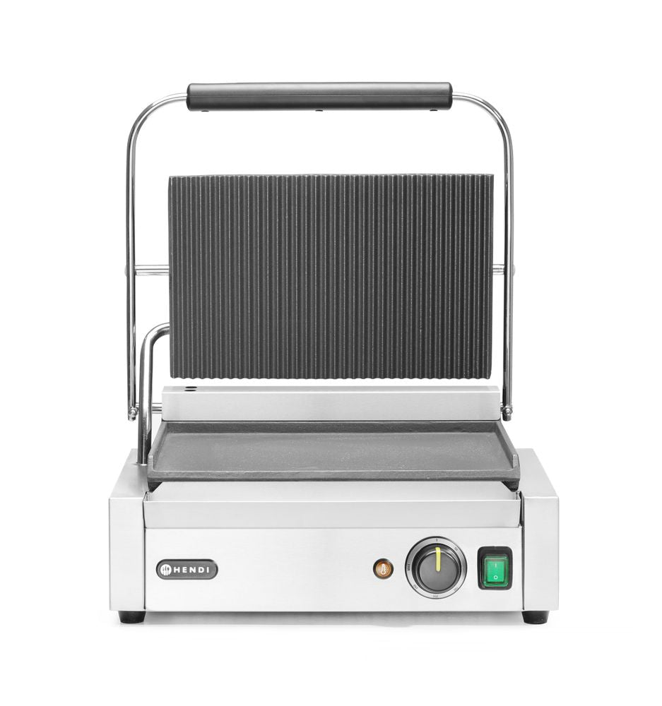 Grill a contatto "Panini", HENDI, sopra rigata e sotto liscia, 230V/2200W, 430x370x(H)210mm