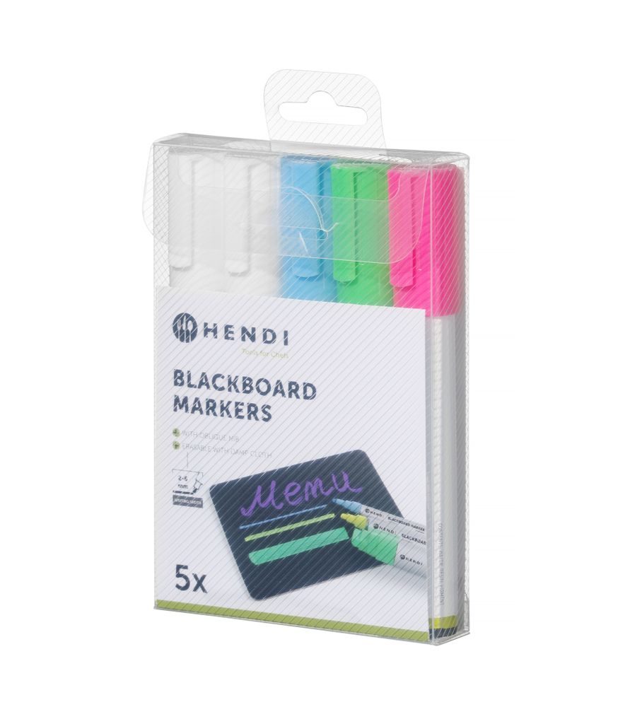 Pennarelli per lavagna 6 mm, HENDI, 1 rosa, 1 verde, 1 blu e 2 pennarelli bianchi