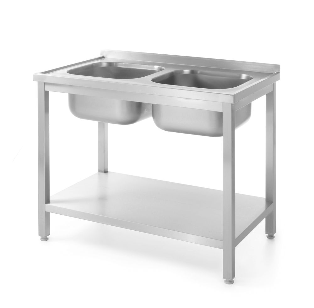 Tavolo con 2 lavelli e ripiano – bullonato, profondità 600 mm, HENDI, Profi Line, 1000x600x(H)850mm