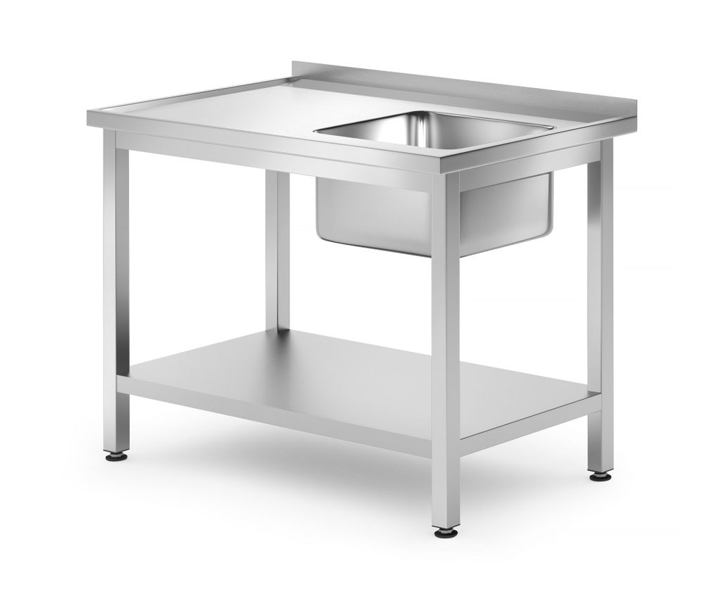 Tavolo con lavello con ripiano – bullonato, profondità 700 mm, HENDI, Profi Line, Destra, 1000x700x(H)850mm