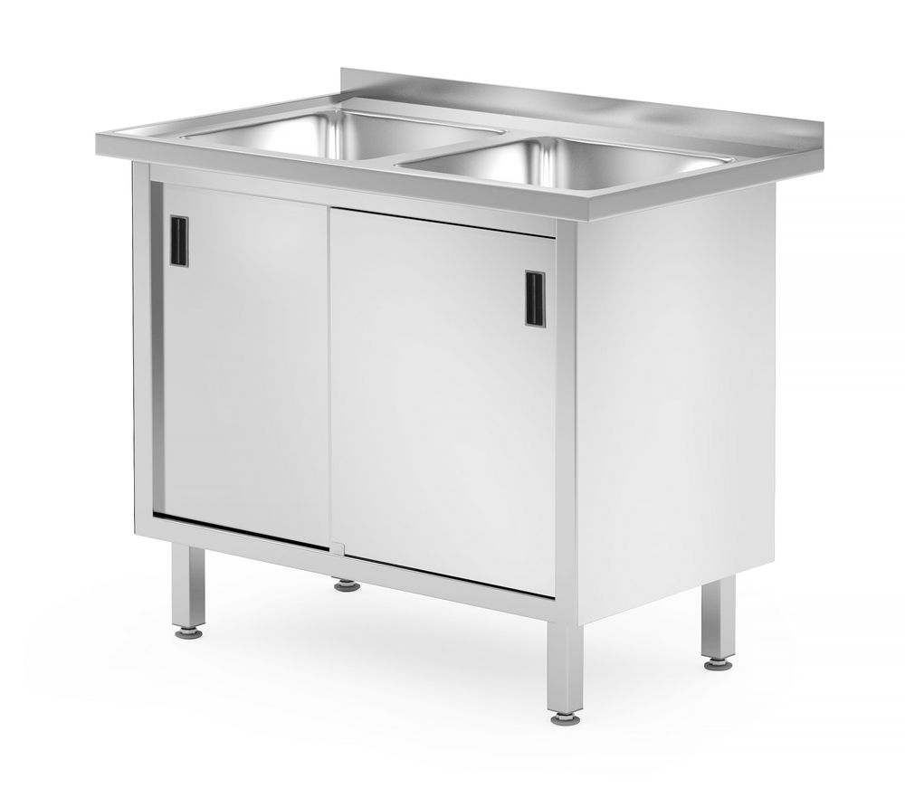 Tavolo con 2 lavandini, armadio – saldato, con porte scorrevoli, HENDI, Profi Line, 1000x600x(H)850mm