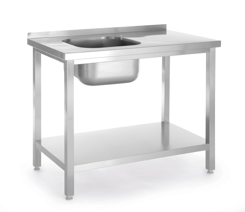 Tavolo con lavello e ripiano – bullonato, profondità 600 mm, HENDI, Kitchen Line, ciotola sul lato sinistro, 800x600x(H)850mm