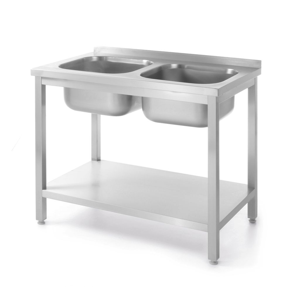Tavolo con 2 lavelli e ripiano - bullonato, HENDI, Kitchen Line, due lavelli, 1000x600x(H)850mm